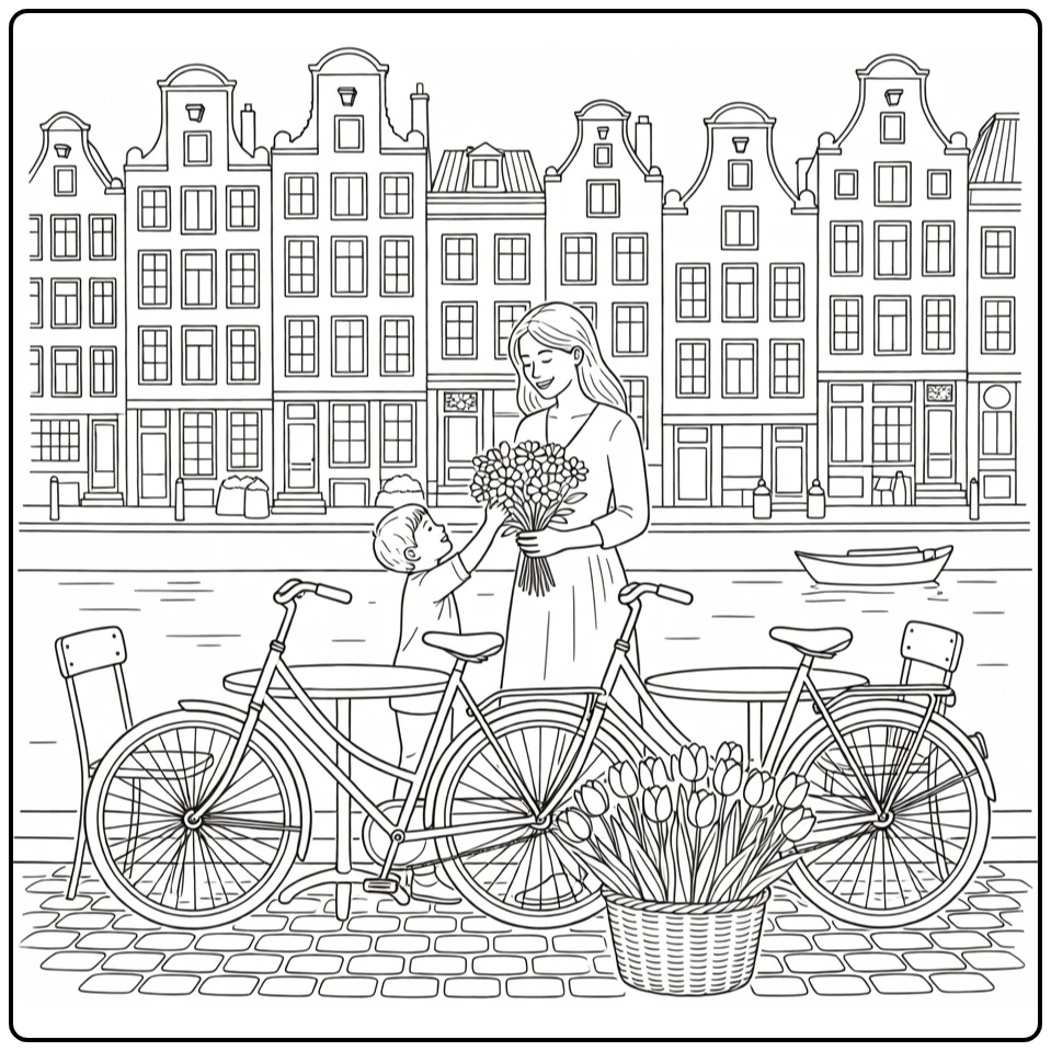 Kleurplaat vakantie: Moederdag gracht met moeder, kind, bloemen