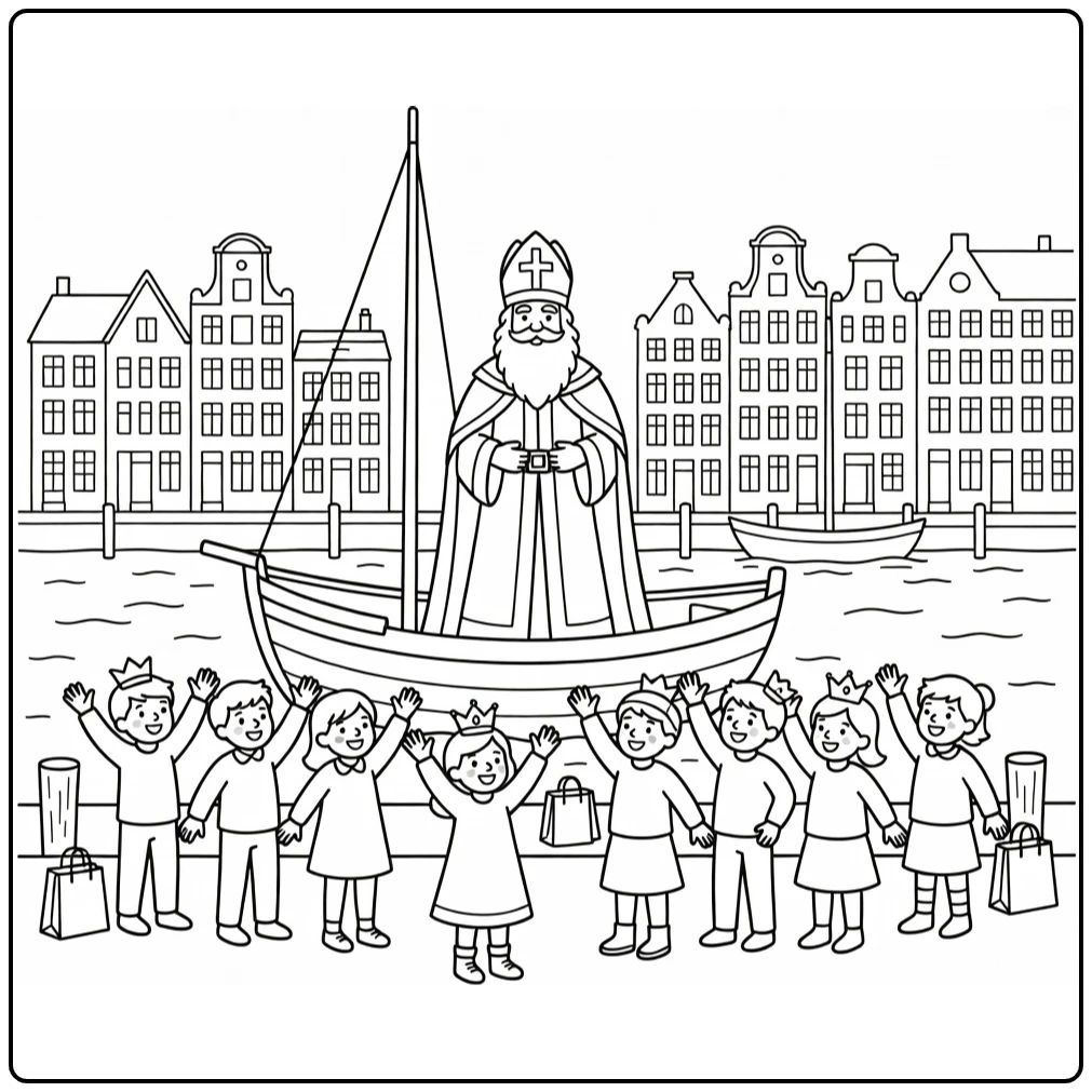 Kleurplaat vakantie: Sinterklaas per boot in haven