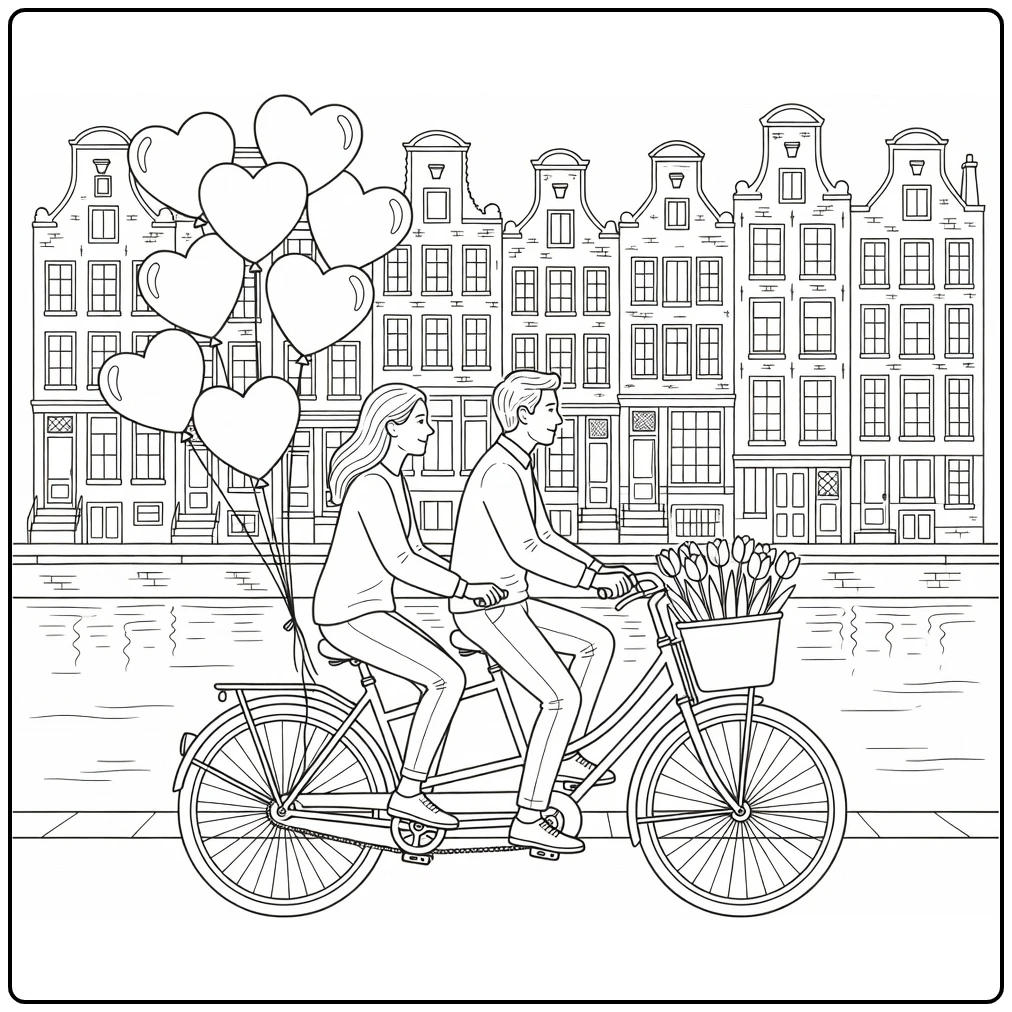 Kleurplaat vakantie: stel op tandem bij gracht met harten