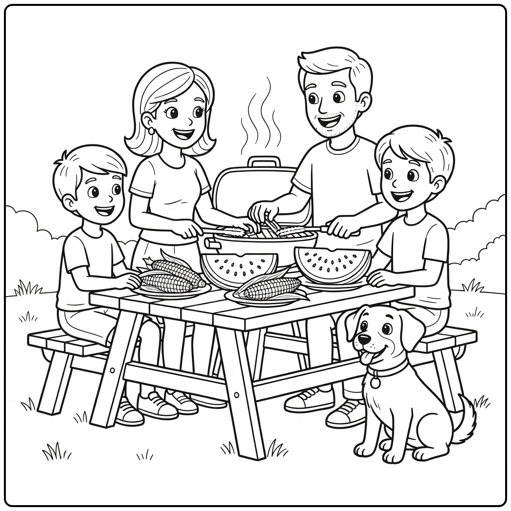 Kleurplaat zomer: achtertuin BBQ met familie en blije hond