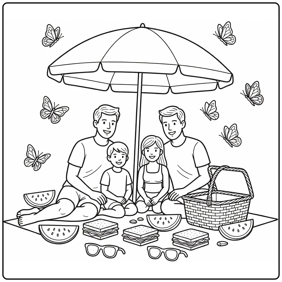 Kleurplaat zomer: familie picknick parasol watermeloen vlinders