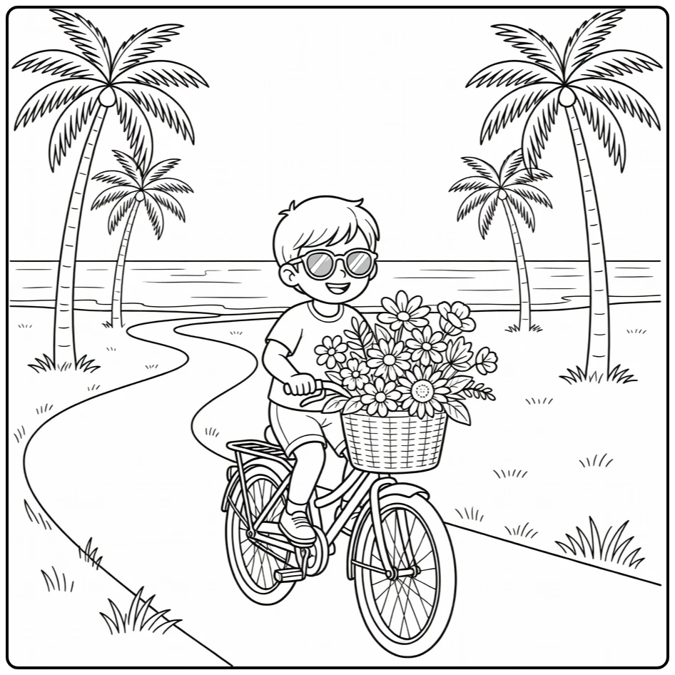 Kleurplaat zomer: kind fietst langs zee met bloemenmand, palmen