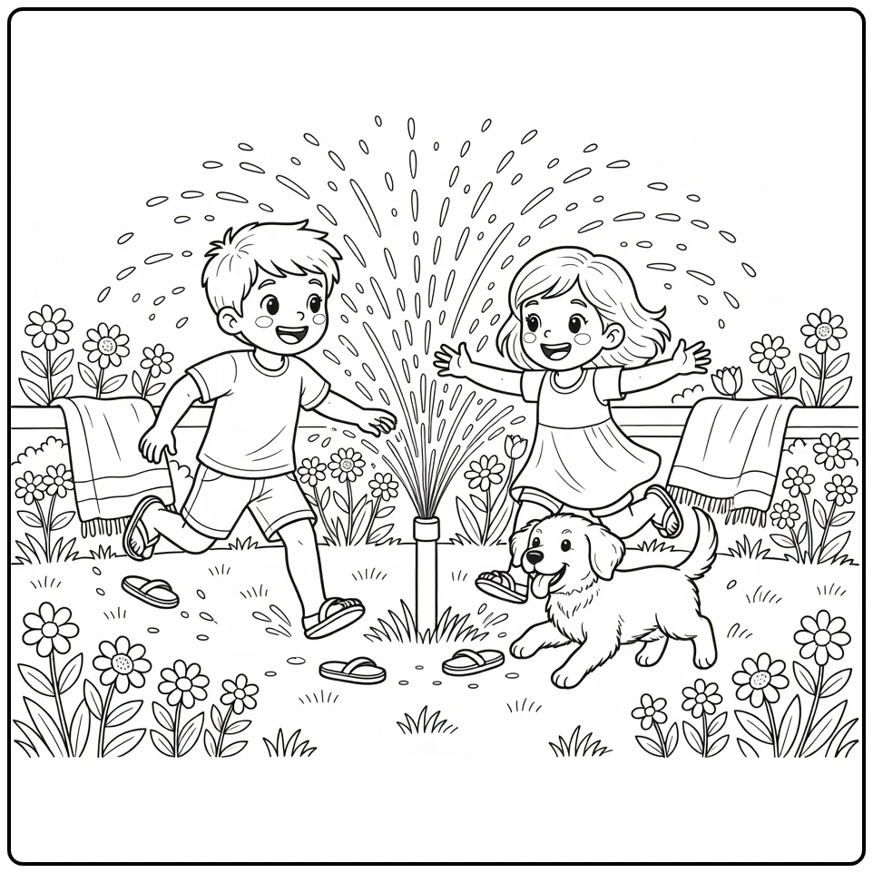 Kleurplaat zomer: kinderen rennen door sproeier met puppy