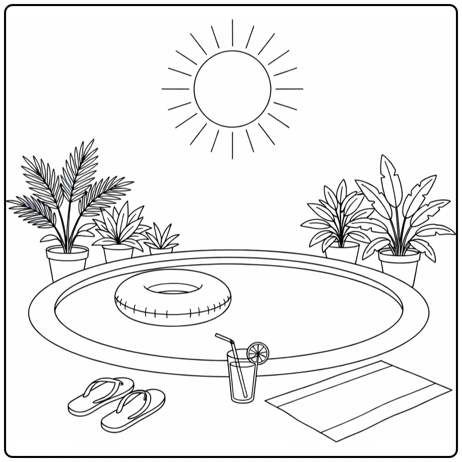 kleurplaat zomer achtertuin zwembad met zwemband, teenslippers, limonade