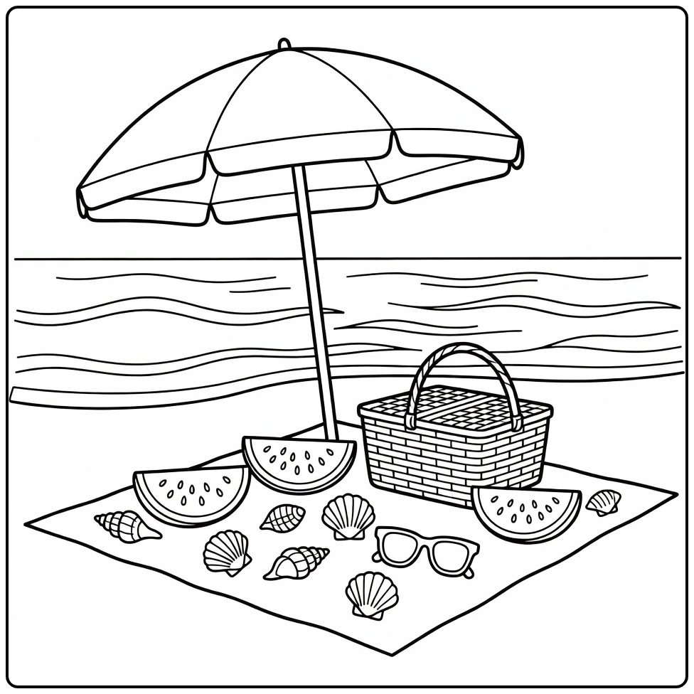 Kleurplaat zomer: vrolijke strandpicknick met parasol