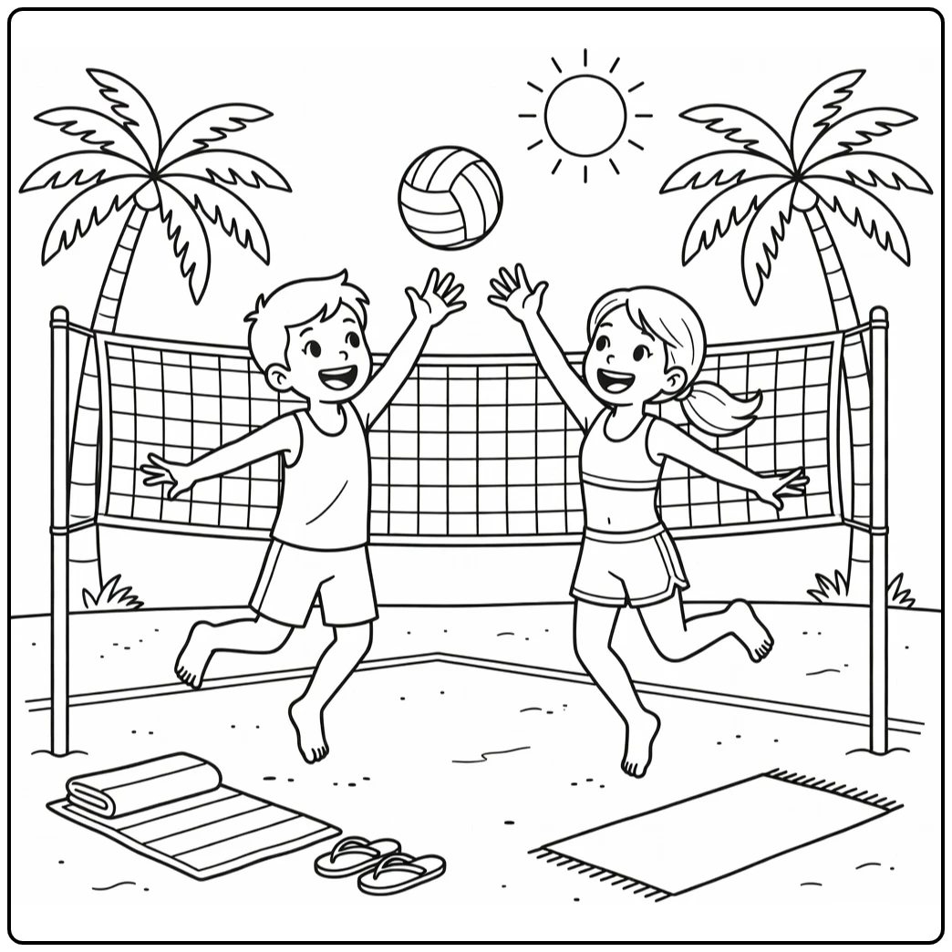 Kleurplaat zomer: kinderen springen bij strandvolleybalnet
