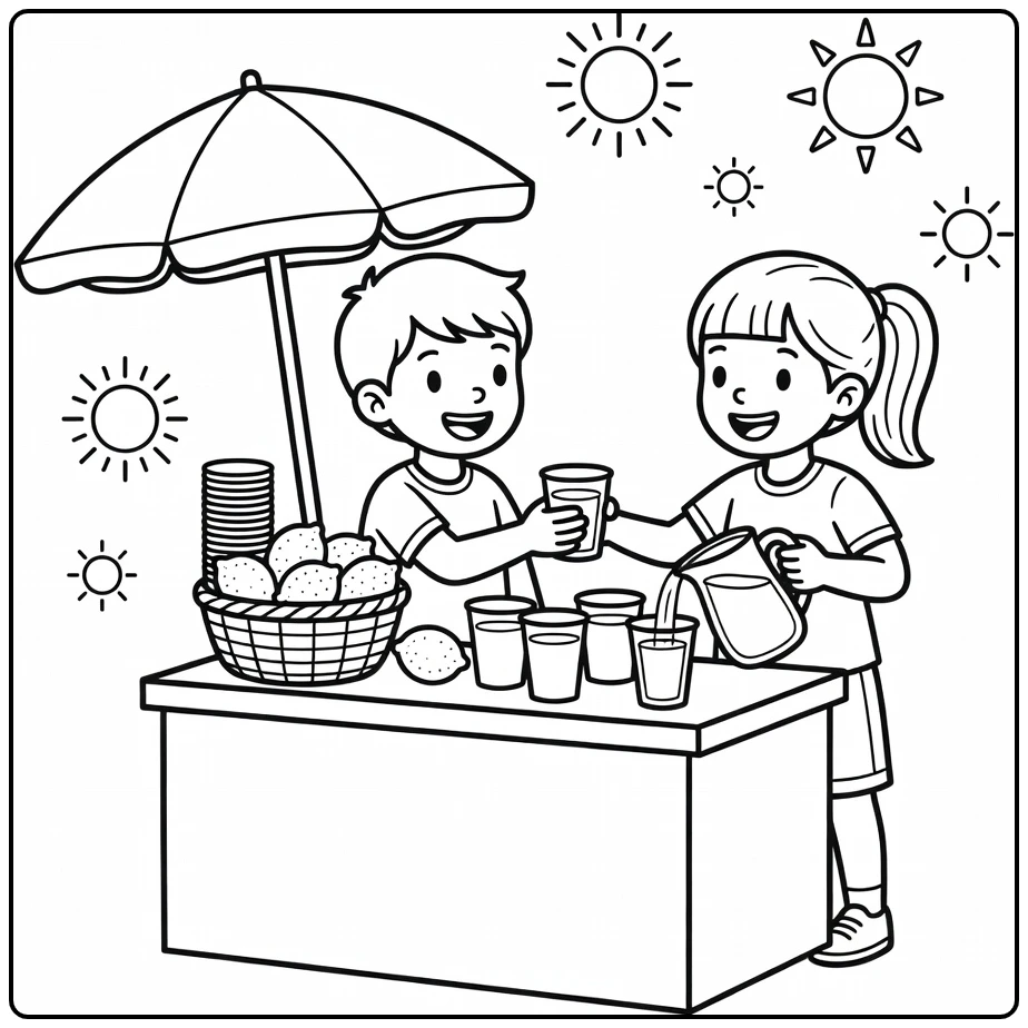 kleurplaat zomer: limonadekraam kinderen citroenen
