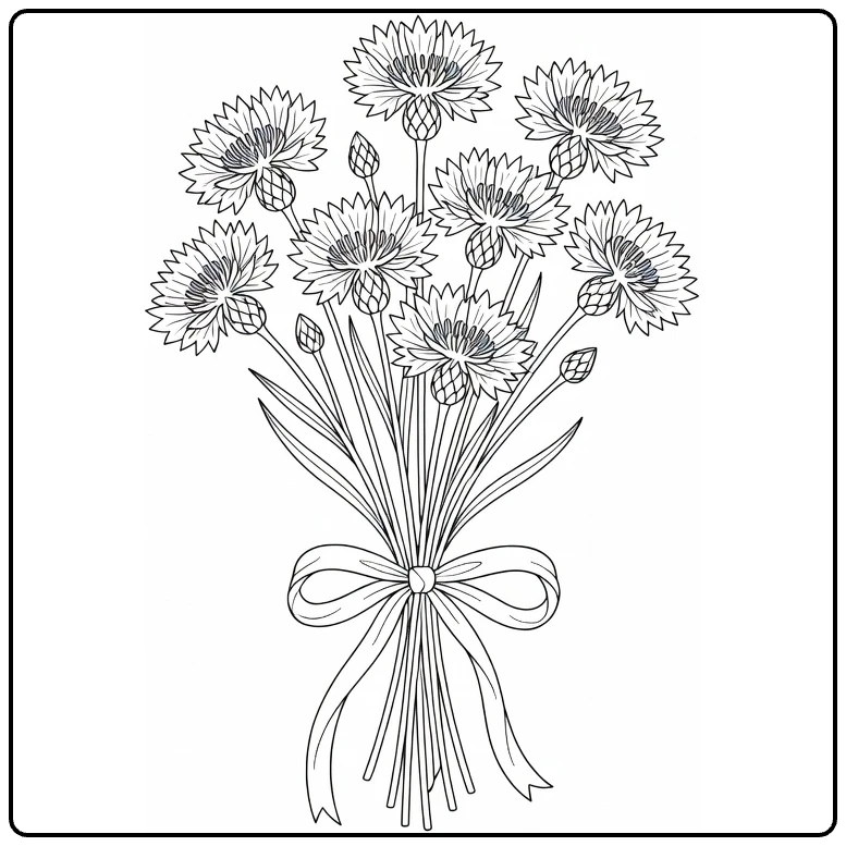 korenbloem kleurplaat boeket met lint en knoppen