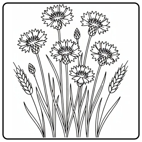 Korenbloem kleurplaat met korenbloemen en tarwe