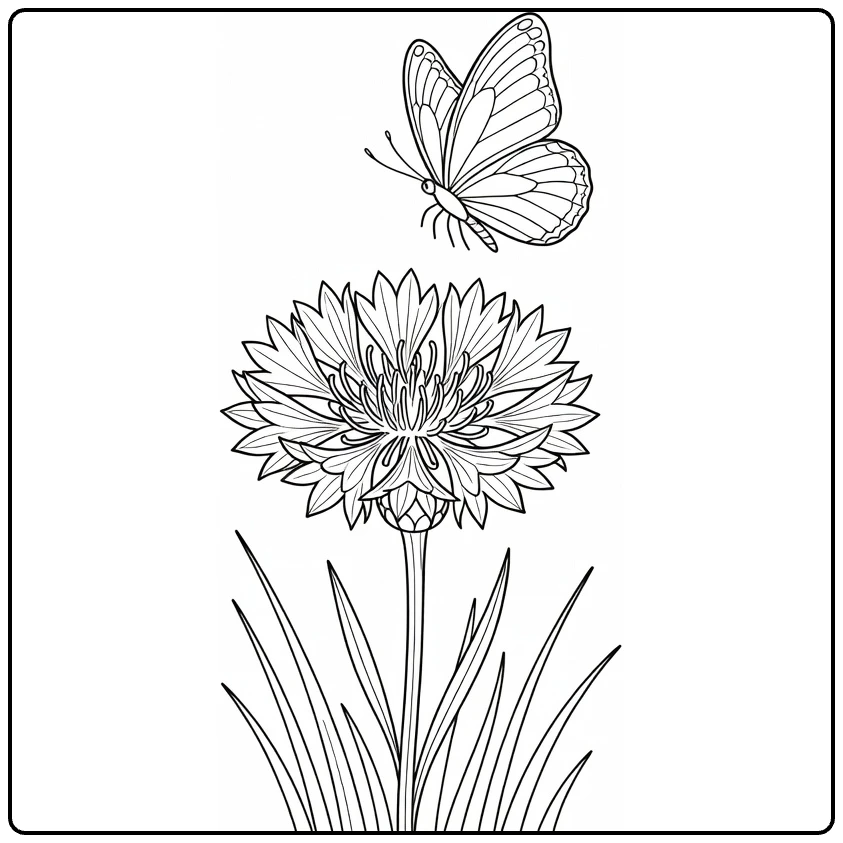 korenbloem kleurplaat met vlinder boven bloeiende bloem
