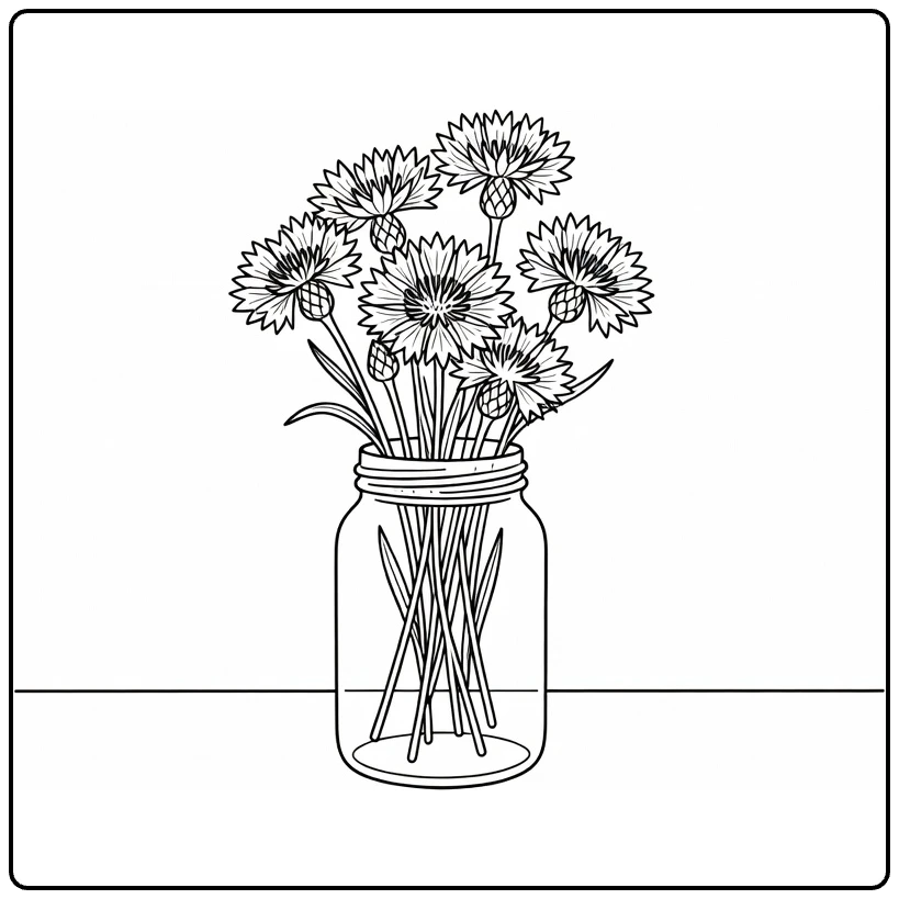 korenbloem kleurplaat met glazen pot vol bloemen