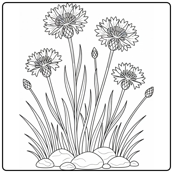 Korenbloem kleurplaat met drie bloemen, gras en stenen