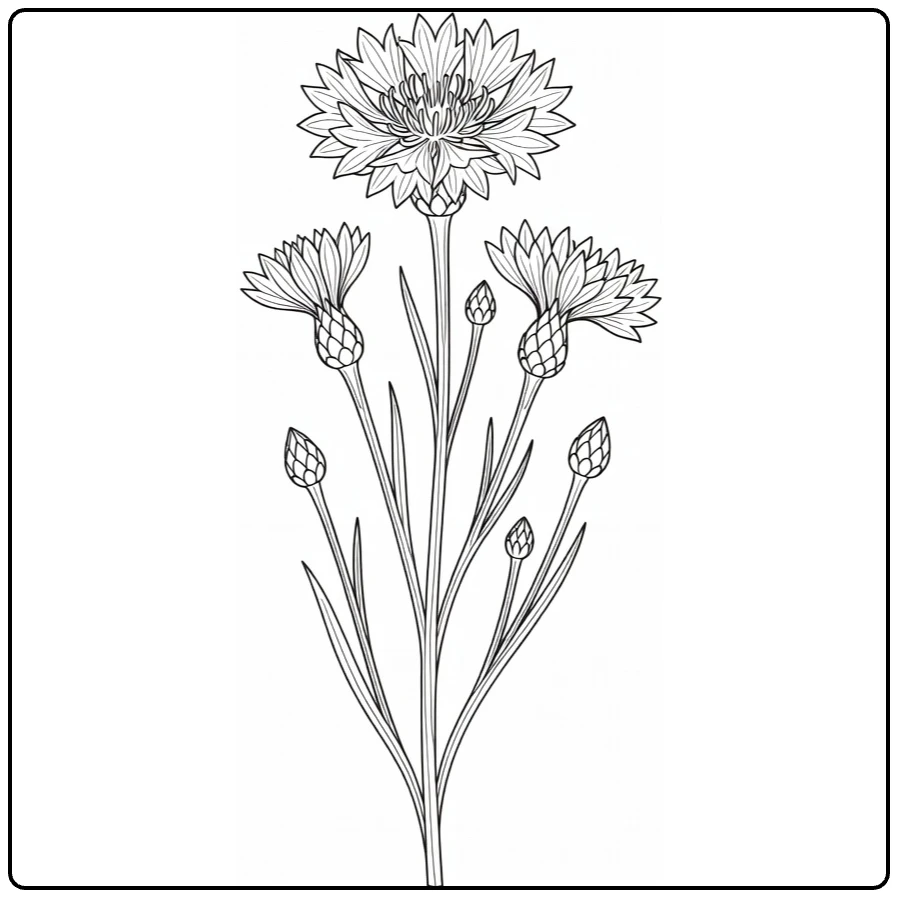 korenbloem kleurplaat met bloemen en knoppen op stengel