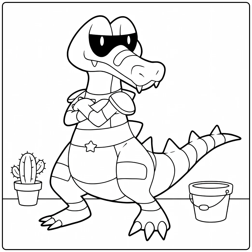 Krokorok Kleurplaat: stoere krokodil met zonnebril en cactus