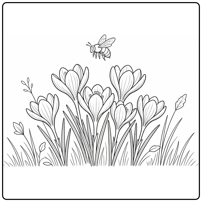 krokus kleurplaat met bij boven krokusbloemen in lenteweide