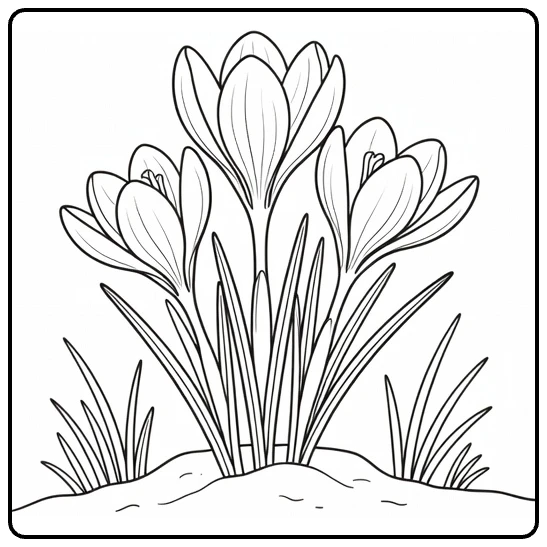 Krokus kleurplaat van een bloeiende krokus met bladeren