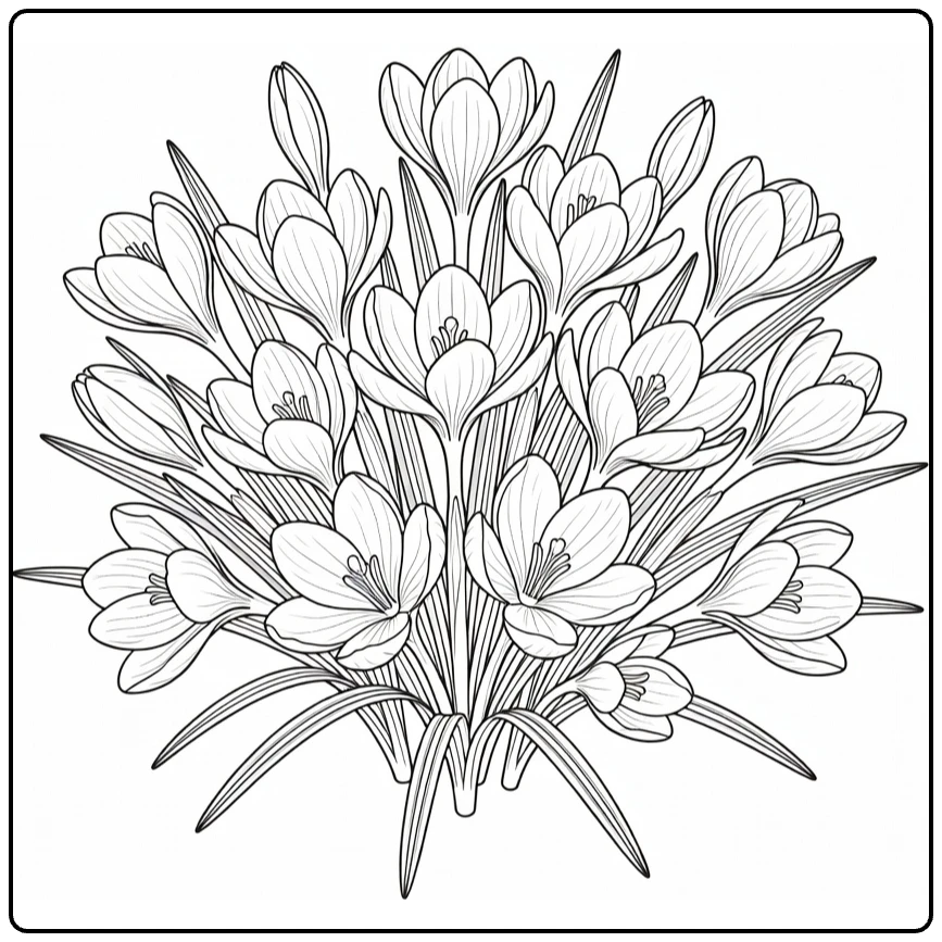 Krokus kleurplaat met crocus bloemen in cirkelcompositie