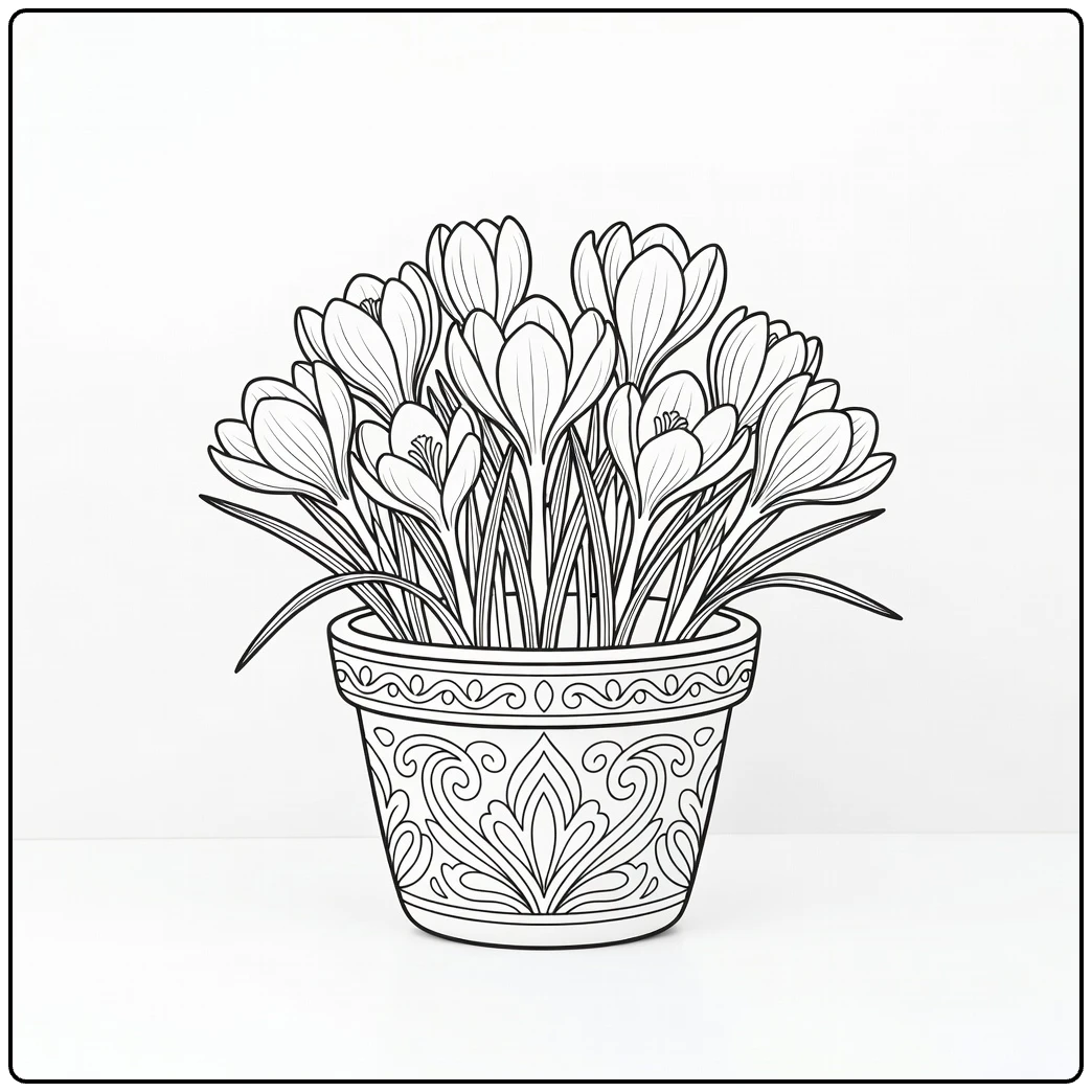 Krokus kleurplaat met bloempot vol krokussen