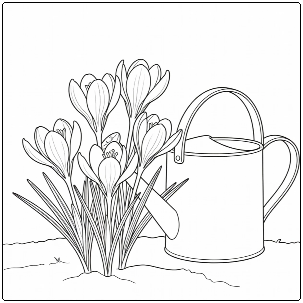 Krokus kleurplaat met gieter naast bloemen in tuin