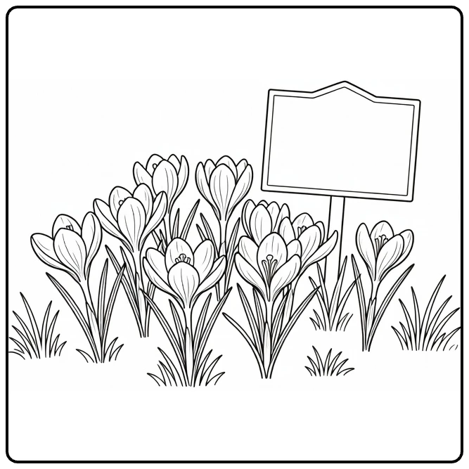 Krokus kleurplaat met bloembed en houten tuinbord