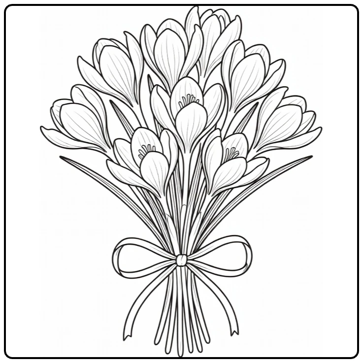 Krokus kleurplaat met charmant lenteboeket van krokussen