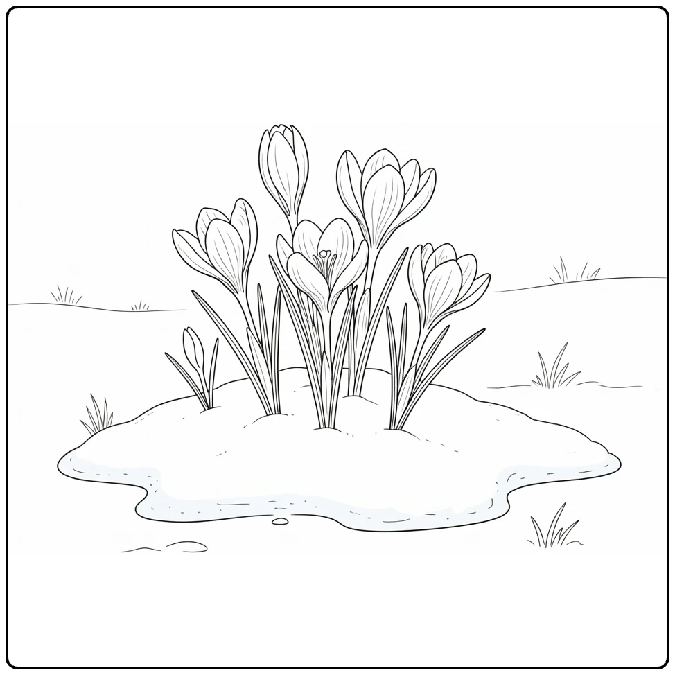 Krokus kleurplaat met bloemen in smeltende sneeuw