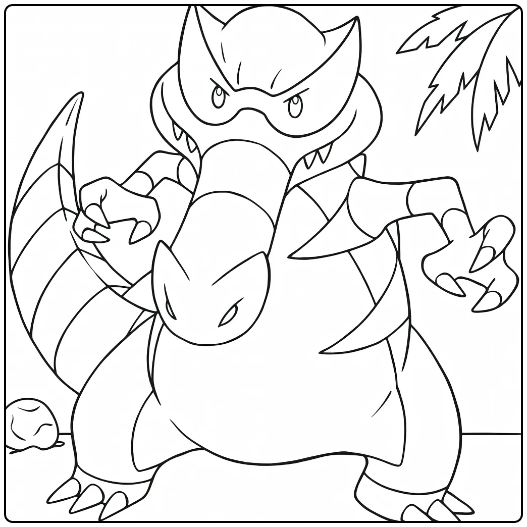 Krookodile Kleurplaat: stoere krokodil Pokémon met palmen