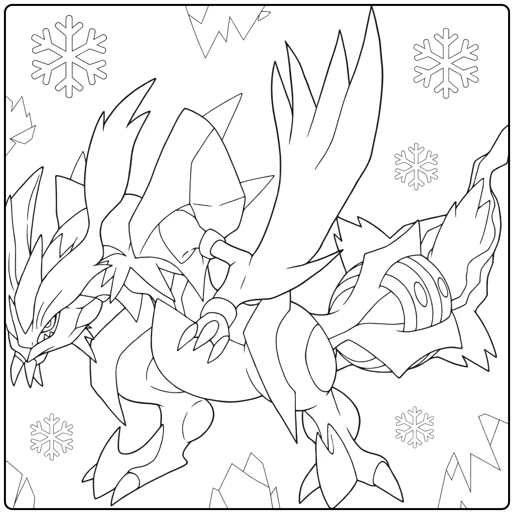 Kyurem kleurplaat: ijzige drakémonster met sneeuwvlokken
