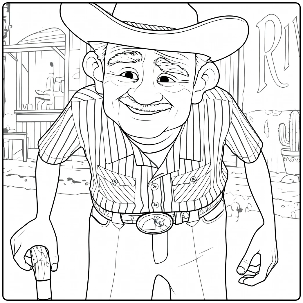 Grappige cowboy kleurplaat met hoed en wandelstok