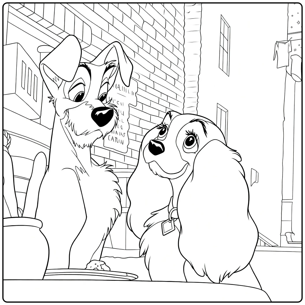 Lady and the Tramp Kleurplaat met honden in steeg