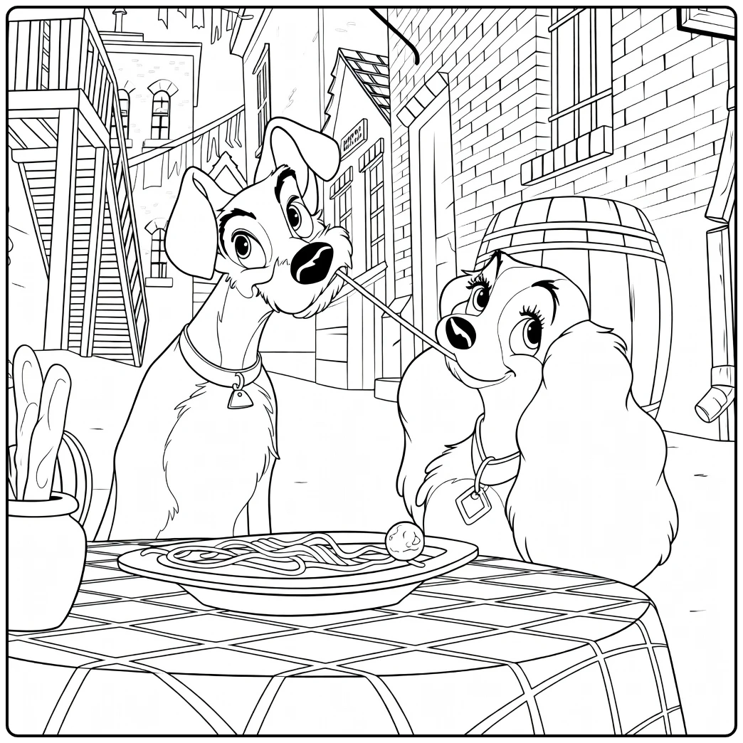 Lady and the Tramp Kleurplaat met romantische spaghetti scène
