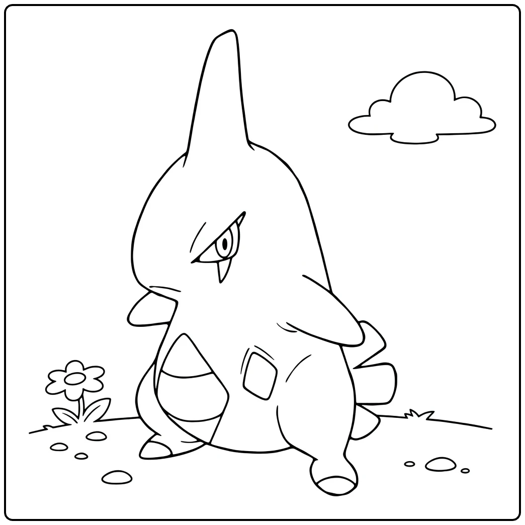 Larvitar Kleurplaat: norse Pokémon met bloem en wolk