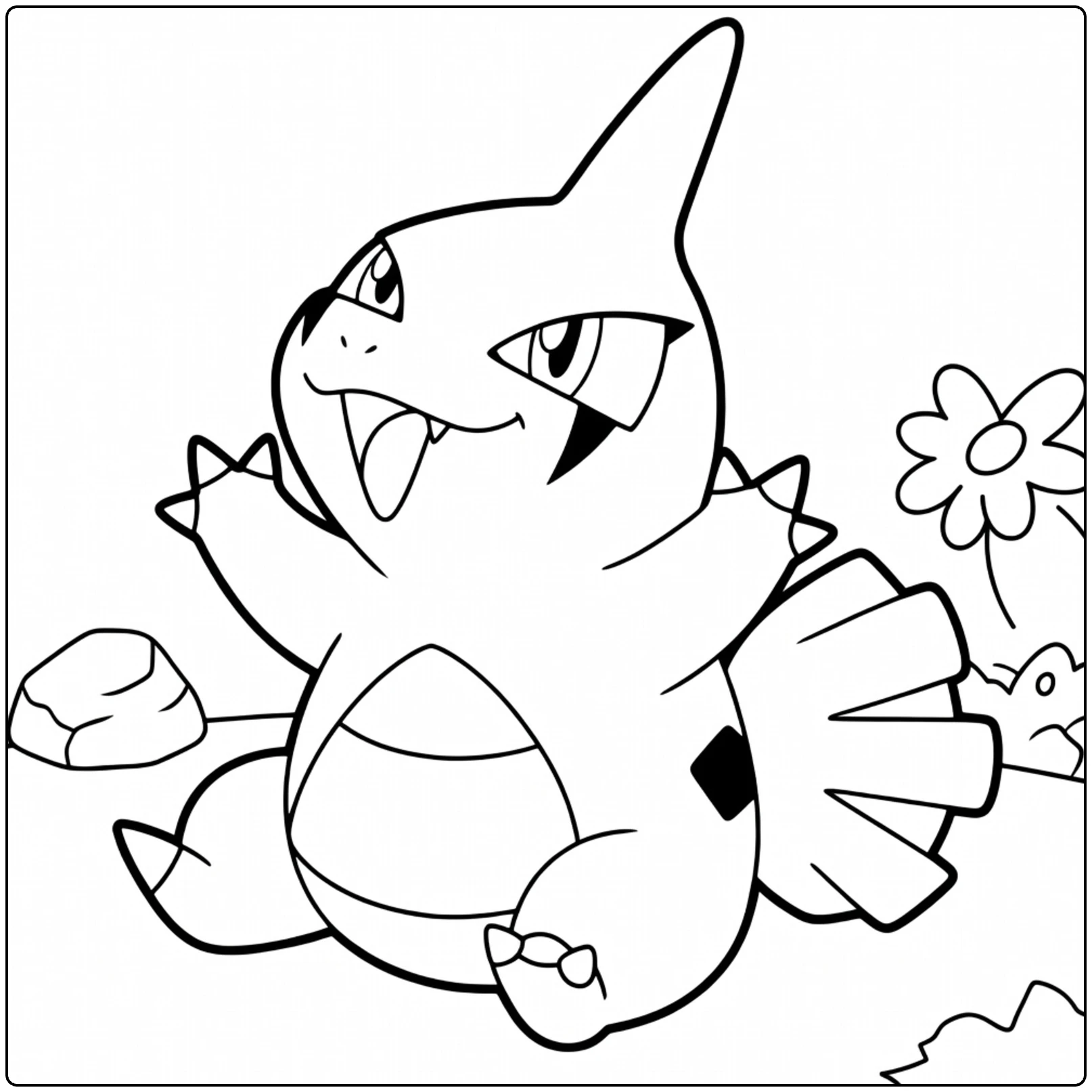 Larvitar kleurplaat: schattig Pokémon met bloem en rotsen