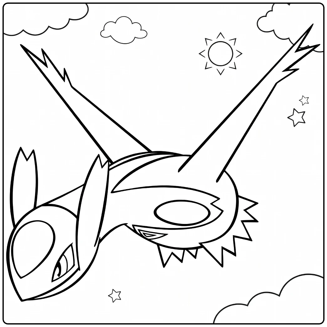 Latias Kleurplaat vliegend met zon, wolken en sterren