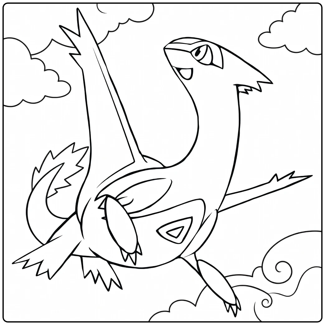 Latias Kleurplaat: vliegende Latias met wolken