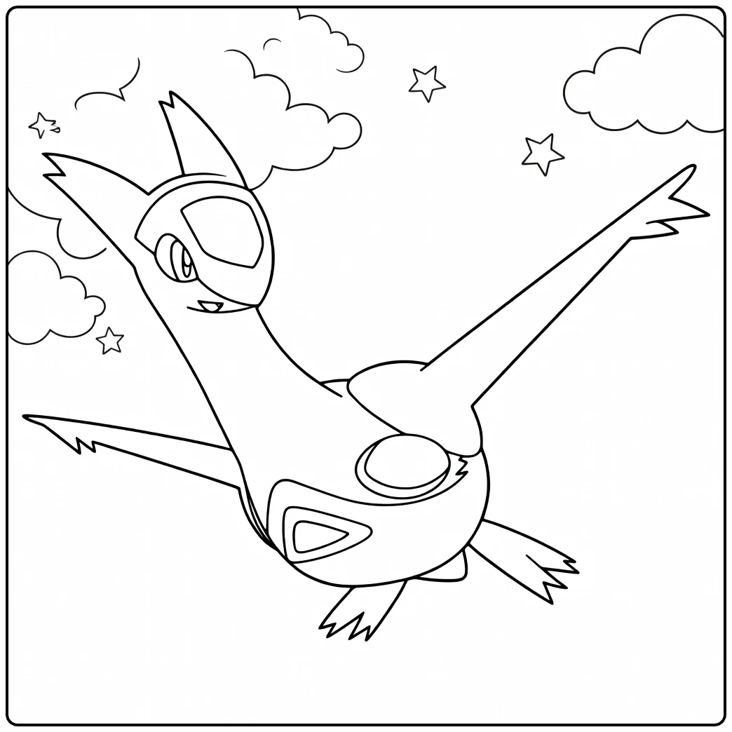 Latias Kleurplaat vliegend door wolken met sterren