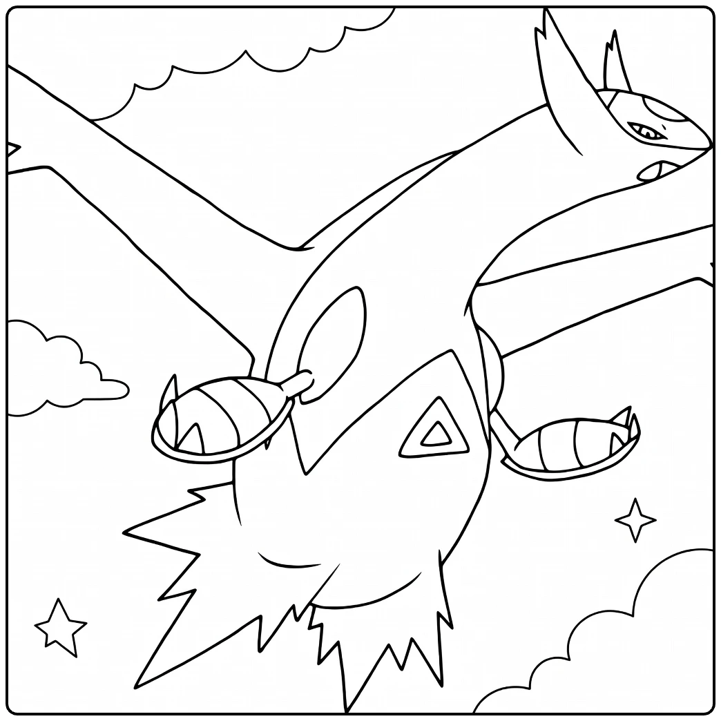 Latios Kleurplaat vliegend met wolken en sterren