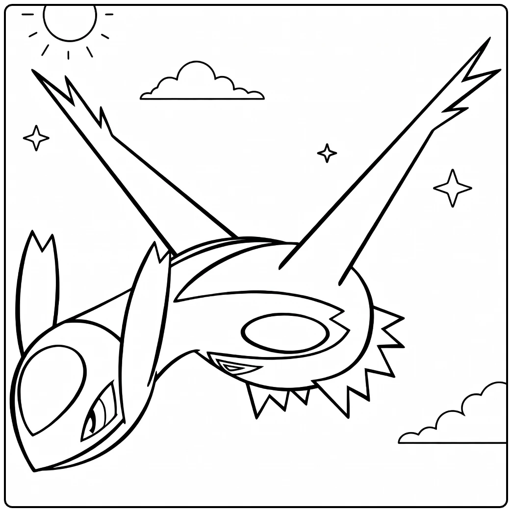 Latios Kleurplaat vliegend met zon wolken sterren