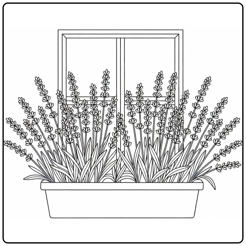 Lavendel kleurplaat van vensterbox vol lavendel planten
