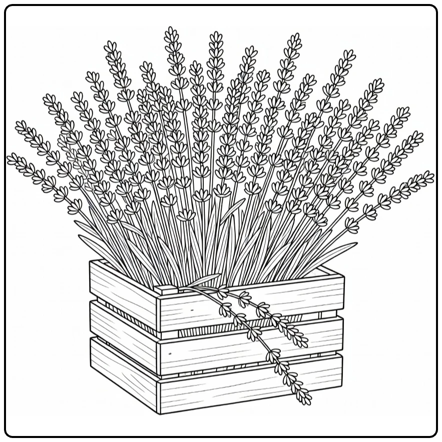 lavendel kleurplaat met houten krat vol lavendel