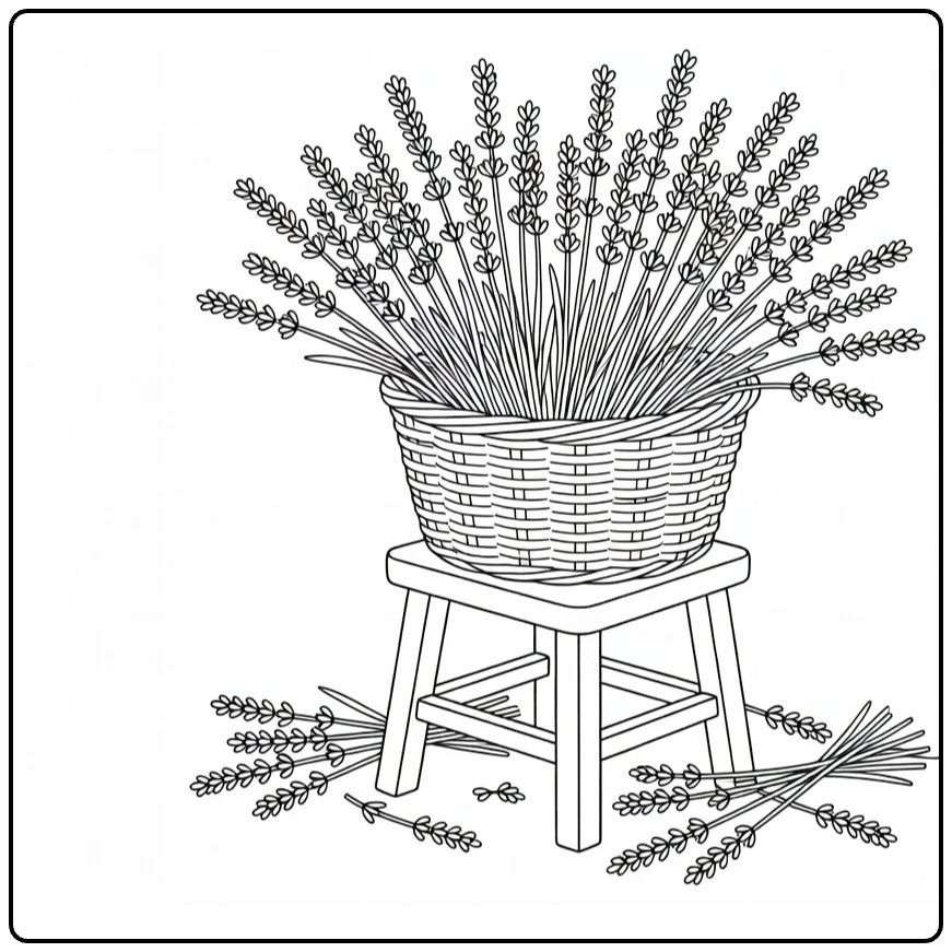 Lavendel kleurplaat met mand lavendel op houten kruk
