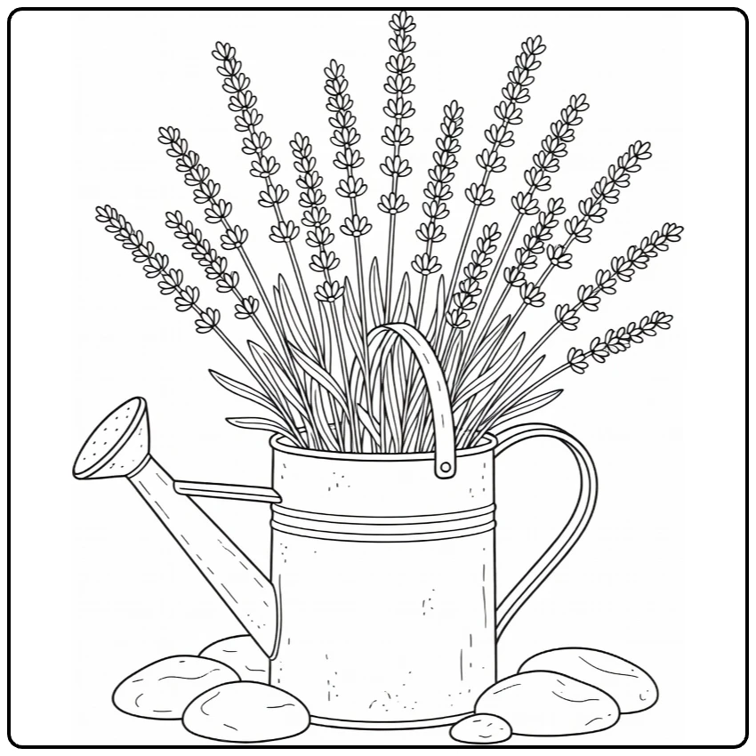 Lavendel kleurplaat met rustieke gieter en lavendel