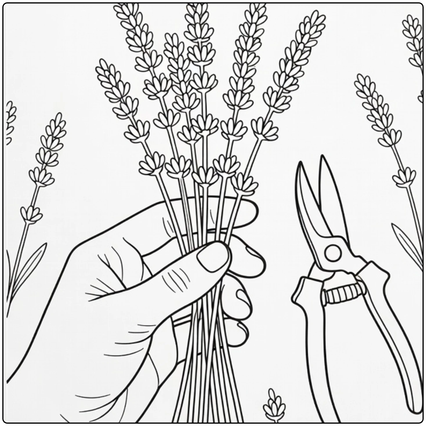 lavendel kleurplaat met tuiniershand en lavendel bosje