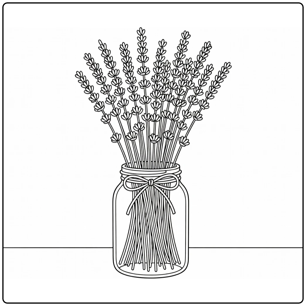Lavendel kleurplaat met glazen pot en lavendelstengels