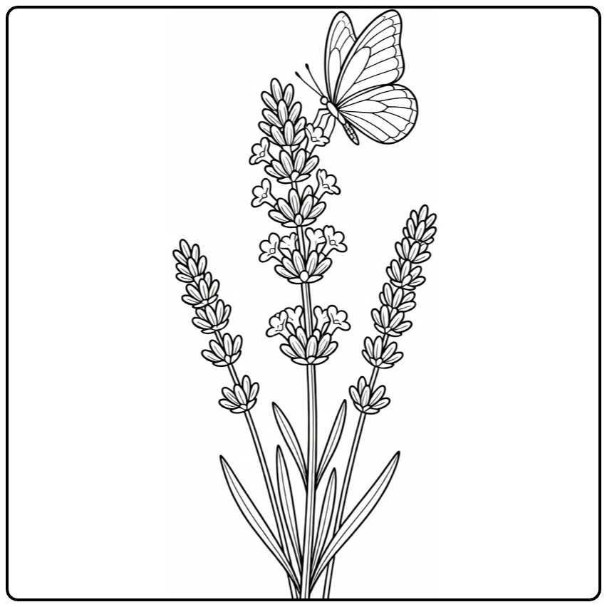 lavendel kleurplaat met vlinder op bloeiende lavendel