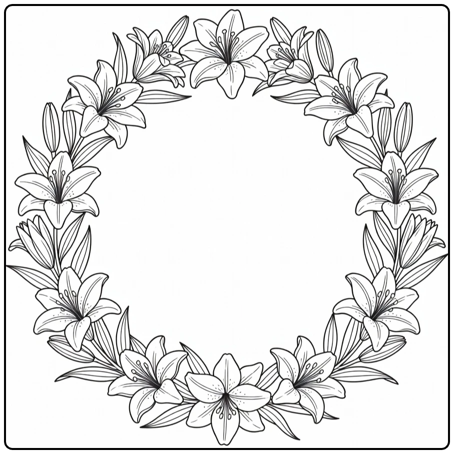 lelie kleurplaat met leliekrans van bloemen en bladeren