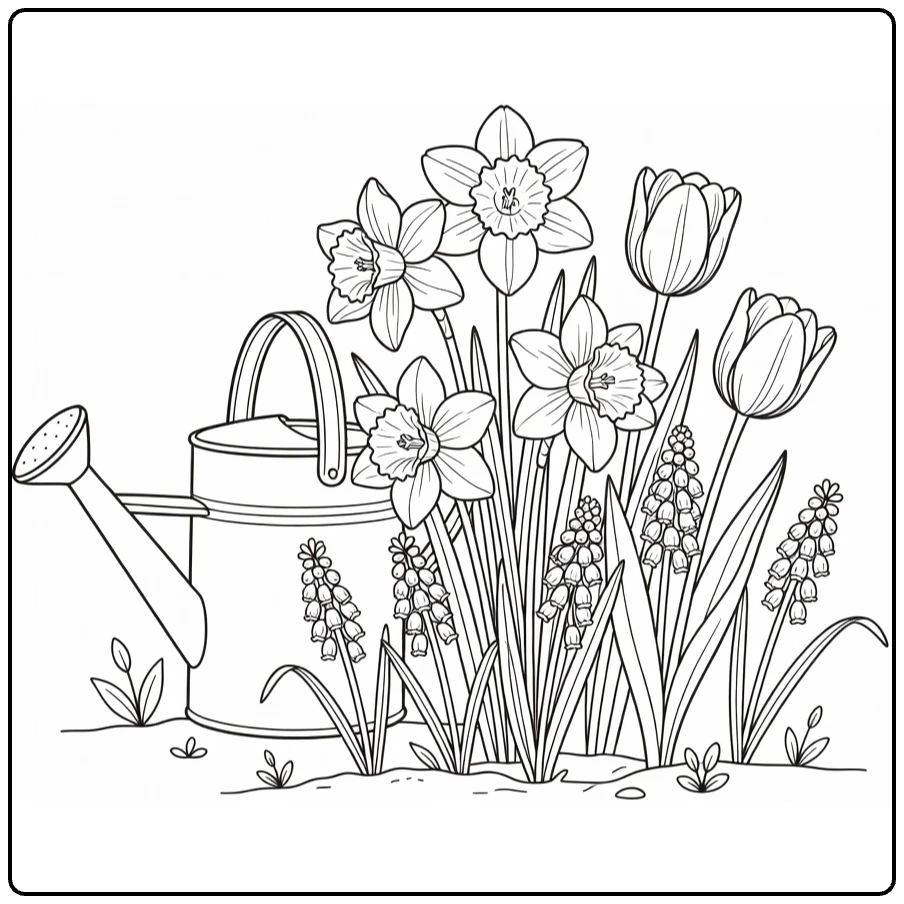 Lente bloemen kleurplaat met gieter naast narcissen en tulpen