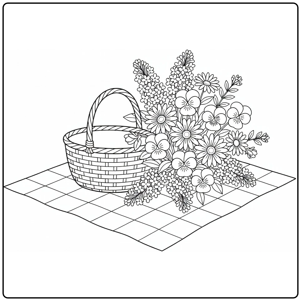 lente bloemen kleurplaat met boeket en mand op deken