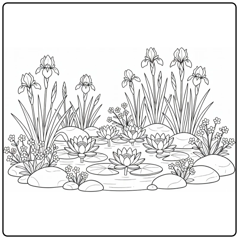 lente bloemen kleurplaat van vijver met waterlelies en irissen