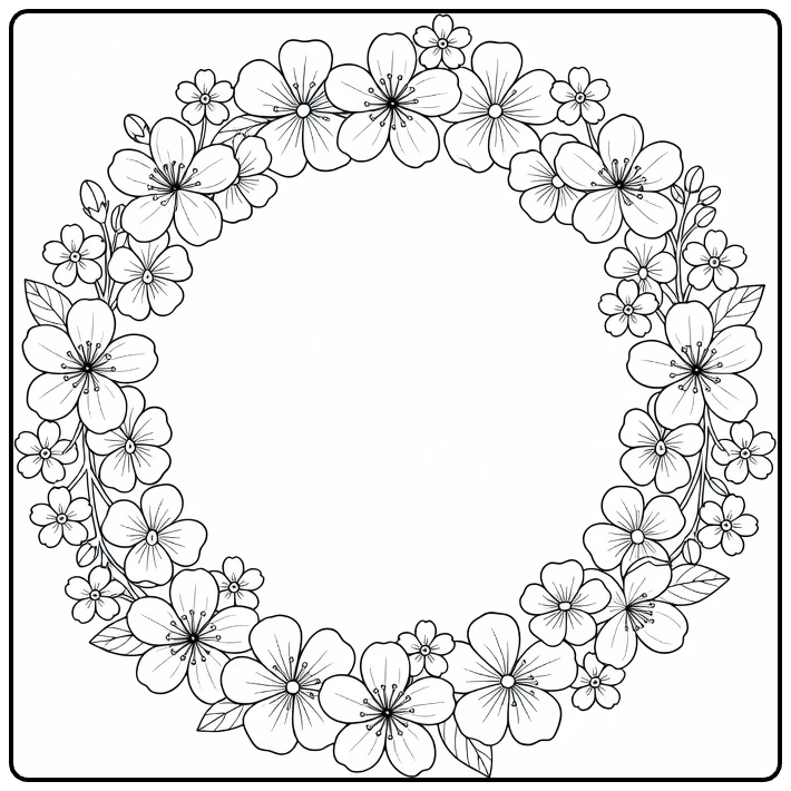 lente bloemen kleurplaat met ronde krans van kersenbloesems